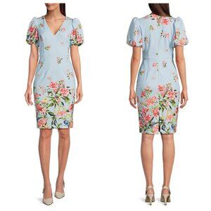 Eliza J Size 14W Sheath Dress Floral Short Puff Sleeve Blue Multicolor NWT